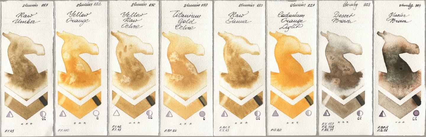 Shminke Horadam Aquarell 667 Raw Umber, 222 Yellow Orange, 656 Yellow Raw Ochre, 659 Titanium Gold Ochre, 660 Raw Sienna, 227 Cadmium Orange Light, 923 Desert Brown, 964 Glacier Bro watercolor swatch