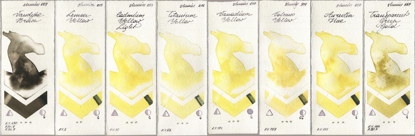 Shminke Horadam Aquarell 669 Vandyke Brown, 215 Lemon Yellow, 224 Cadmium Yellow Light, 206 Titanium Yellow, 207 Vanadium Yellow, 911 Volcano Yellow, 208 Aureolin Hue, 537 Transparent Green Go watercolor swatch