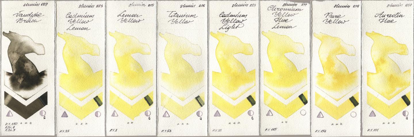 Shminke Horadam Aquarell 669 Vandyke Brown, 223 Cadmium Yellow Lemon, 215 Lemon Yellow, 206 Titanium Yellow, 224 Cadmium Yellow Light, 211 Chromium Yellow Hue Lemon, 216 Pure Yellow, 208 Aureolin H watercolor swatch