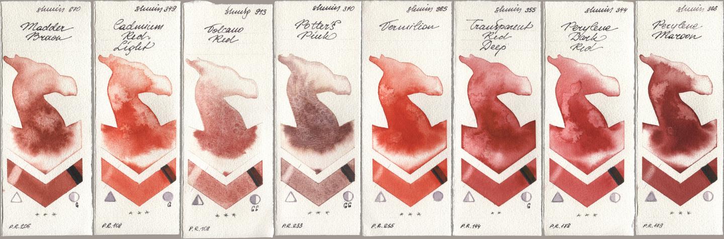 Shminke Horadam Aquarell 670 Madder Brown, 349 Cadmium Red Light, 913 Volcano Red, 370 Potters Pink, 365 Vermilion, 355 Transparent Red Deep, 344 Perylene Dark Red, 366 Perylene Maro watercolor swatch