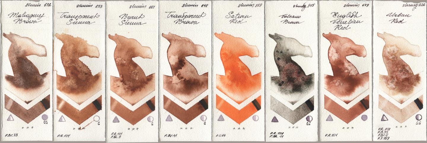 Shminke Horadam Aquarell 672 Mahagony Brown, 653 Transparent Sienna, 661 Burnt Sienna, 648 Transparent Brown, 359 Saturn Red, 915 Volcano Brown, 649 English Venetian Red, 926 Urban R watercolor swatch