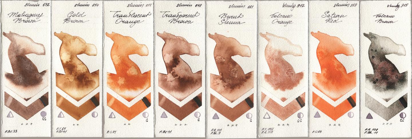Shminke Horadam Aquarell 672 Mahagony Brown, 654 Gold Brown, 218 Translucent Orange / Transparent Orange, 648 Transparent Brown, 661 Burnt Sienna, 912 Volcano Orange, 359 Saturn Red, 915 Volcano Bro watercolor swatch