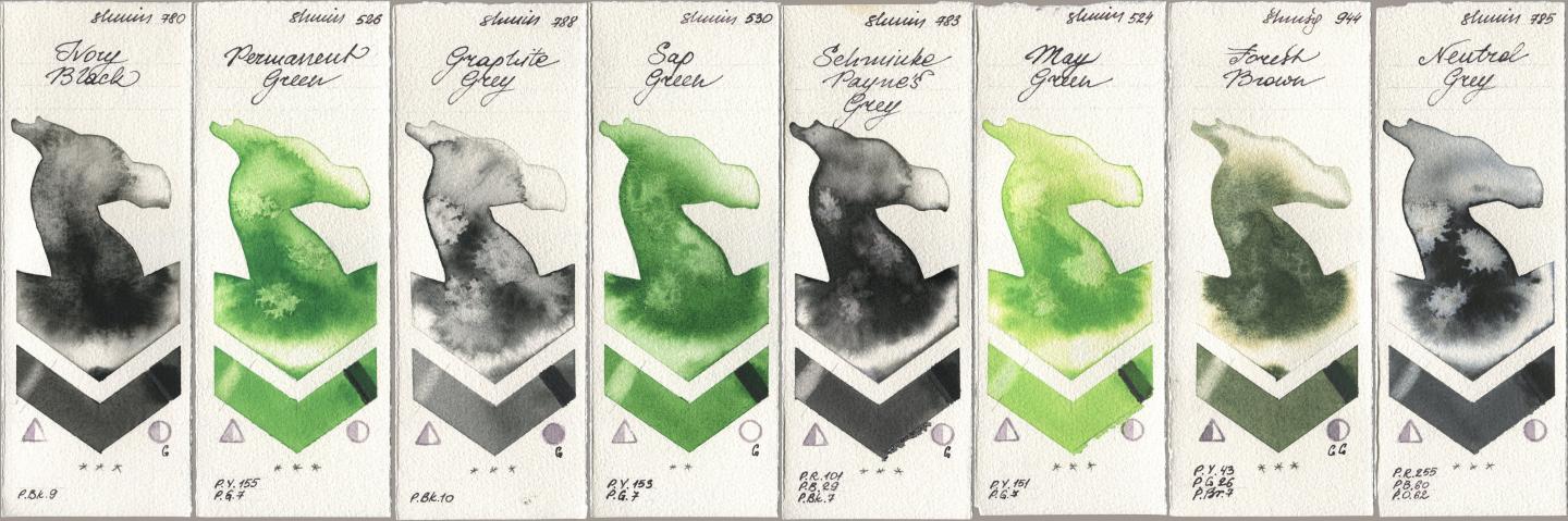 Shminke Horadam Aquarell 780 Ivory Black, 526 Permanent Green, 788 Graphite Grey, 530 Sap Green, 783 Schmincke Paynes Grey, 524 May Green, 944 Forest Brown, 785 Neutral Gr watercolor swatch