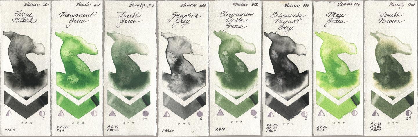 Shminke Horadam Aquarell 780 Ivory Black, 526 Permanent Green, 942 Forest Green, 788 Graphite Grey, 512 Chromium Oxide Green, 783 Schmincke Paynes Grey, 524 May Green, 944 Forest Bro watercolor swatch
