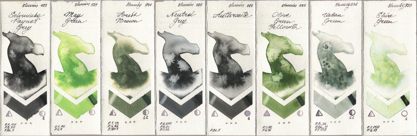Shminke Horadam Aquarell 783 Schmincke Paynes Grey, 524 May Green, 944 Forest Brown, 785 Neutral Grey, 786 Anthracite, 525 Olive Green Yellowish, 936 Urban Green, 933 Shire Gre watercolor swatch