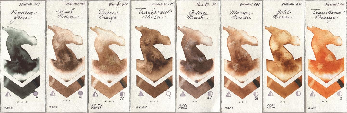 Shminke Horadam Aquarell 784 Perylene Green, 658 Mars Brown, 922 Desert Orange, 671 Transparent Umber, 974 Galaxy Brown, 651 Maroon Brown, 654 Gold Brown, 218 Translucent Orange / Transparent Oran watercolor swatch