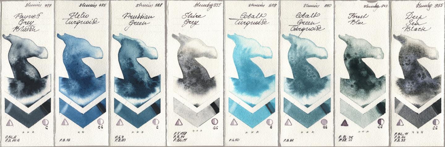 Shminke Horadam Aquarell 787 Paynes Grey Bluish, 475 Helio Turquoise, 528 Prussian Green, 935 Shire Grey, 509 Cobalt Turquoise, 510 Cobalt Green Turquoise, 943 Forest Blue, 955 Deep Sea Bla watercolor swatch