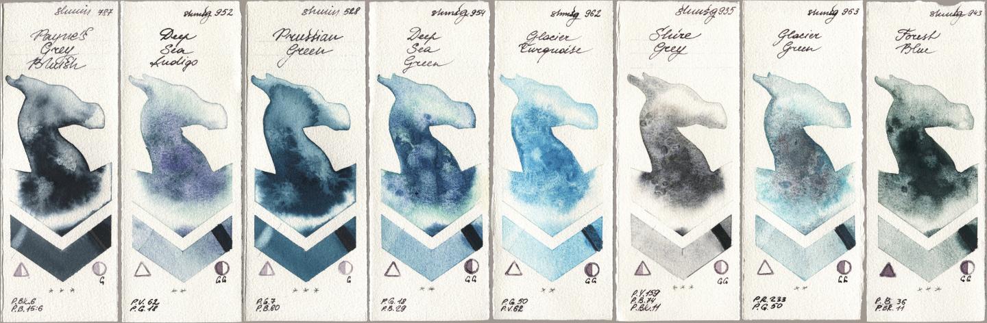 Shminke Horadam Aquarell 787 Paynes Grey Bluish, 952 Deep Sea Indigo, 528 Prussian Green, 954 Deep Sea Green, 962 Glacier Turquoise, 935 Shire Grey, 963 Glacier Green, 943 Forest Bl watercolor swatch