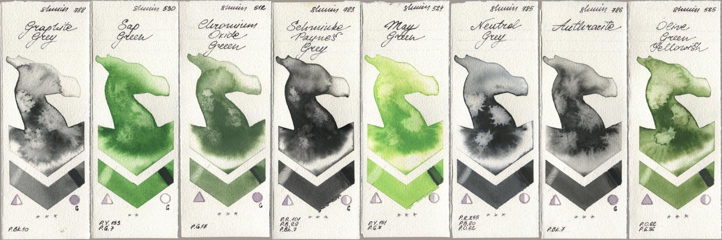 Shminke Horadam Aquarell 788 Graphite Grey, 530 Sap Green, 512 Chromium Oxide Green, 783 Schmincke Paynes Grey, 524 May Green, 785 Neutral Grey, 786 Anthracite, 525 Olive Green Yellowi watercolor swatch