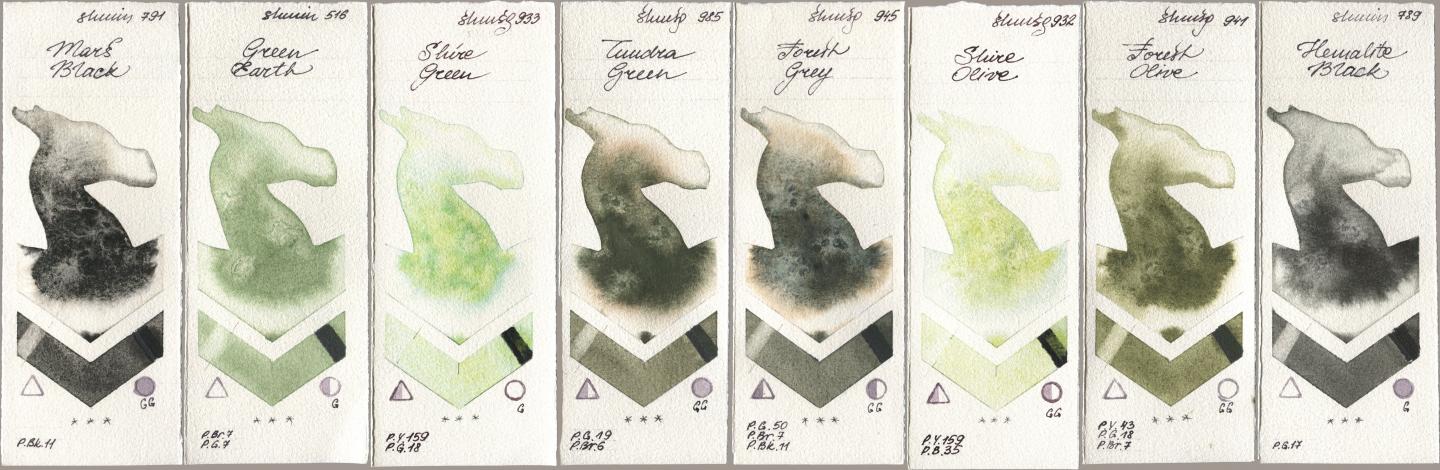 Shminke Horadam Aquarell 791 Mars Black, 516 Green Earth, 933 Shire Green, 985 Tundra Green, 945 Forest Grey, 932 Shire Olive, 941 Forest Olive, 789 Hematite Bla watercolor swatch