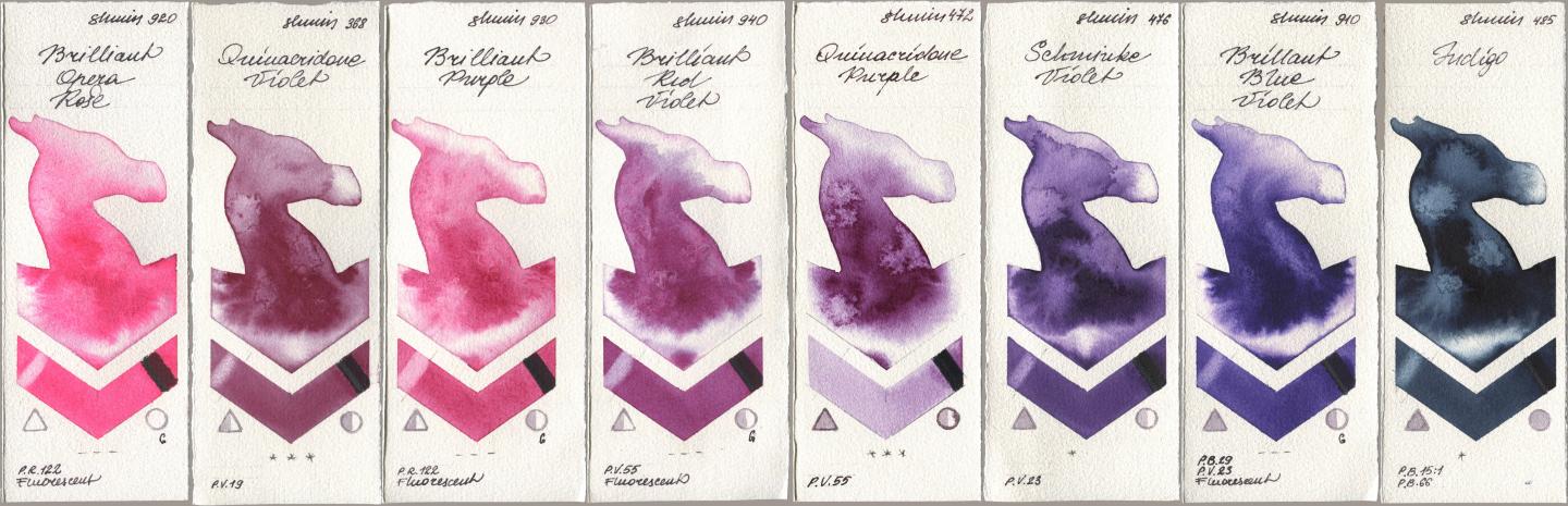 Shminke Horadam Aquarell 920 Brilliant Opera Rose, 368 Quinacridone Violet, 930 Brilliant Purple, 940 Brilliant Red Violet, 472 Quinacridone Purple, 476 Schmincke Violet, 910 Brilliant Blue Violet, 485 Indi watercolor swatch