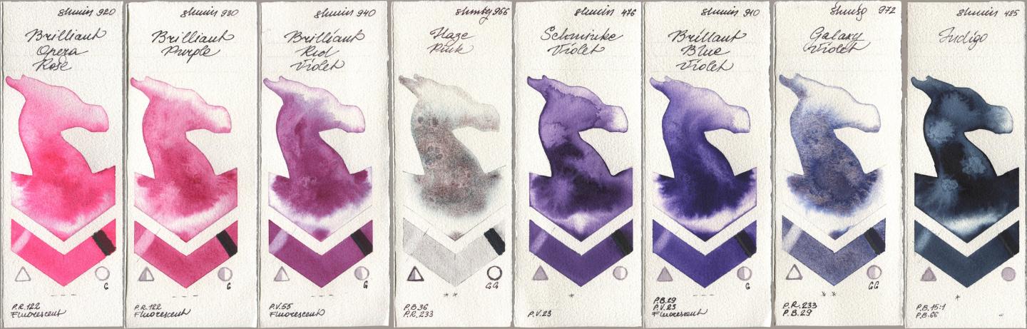 Shminke Horadam Aquarell 920 Brilliant Opera Rose, 930 Brilliant Purple, 940 Brilliant Red Violet, 966 Haze Pink, 476 Schmincke Violet, 910 Brilliant Blue Violet, 972 Galaxy Violet, 485 Indi watercolor swatch