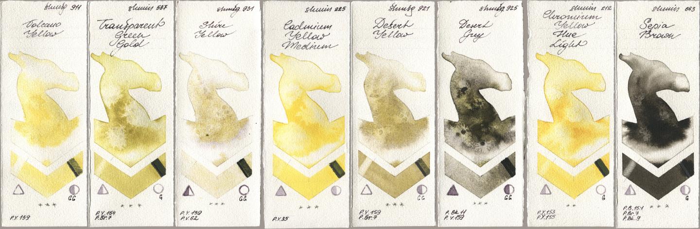 Shminke Horadam Aquarell 911 Volcano Yellow, 537 Transparent Green Gold, 931 Shire Yellow, 225 Cadmium Yellow Medium, 921 Desert Yellow, 925 Desert Grey, 212 Chromium Yellow Hue Light, 663 Sepia Bro watercolor swatch
