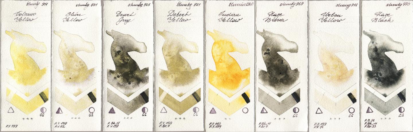 Shminke Horadam Aquarell 911 Volcano Yellow, 931 Shire Yellow, 925 Desert Grey, 921 Desert Yellow, 220 Indian Yellow, 969 Haze Brown, 916 Urban Yellow, 970 Haze Bla watercolor swatch