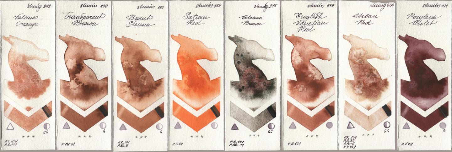 Shminke Horadam Aquarell 912 Volcano Orange, 648 Transparent Brown, 661 Burnt Sienna, 359 Saturn Red, 915 Volcano Brown, 649 English Venetian Red, 926 Urban Red, 371 Perylene Viol watercolor swatch