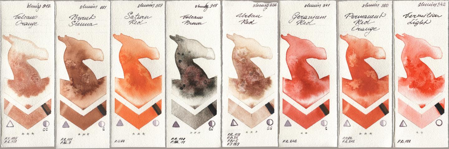 Shminke Horadam Aquarell 912 Volcano Orange, 661 Burnt Sienna, 359 Saturn Red, 915 Volcano Brown, 926 Urban Red, 341 Geranium Red, 360 Permanent Red Orange, 342 Vermilion Lig watercolor swatch