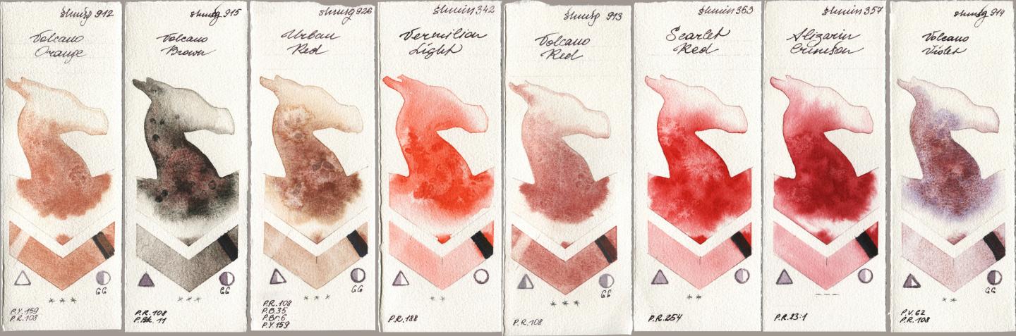 Shminke Horadam Aquarell 912 Volcano Orange, 915 Volcano Brown, 926 Urban Red, 342 Vermilion Light, 913 Volcano Red, 363 Scarlet Red, 357 Alizarin Crimson, 914 Volcano Viol watercolor swatch