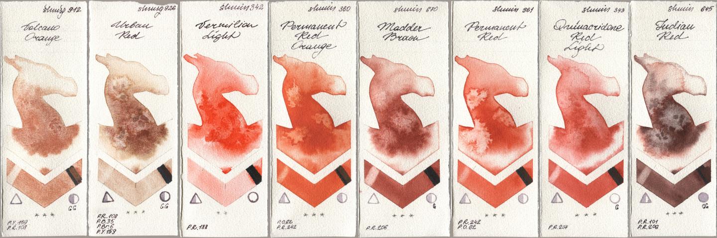 Shminke Horadam Aquarell 912 Volcano Orange, 926 Urban Red, 342 Vermilion Light, 360 Permanent Red Orange, 670 Madder Brown, 361 Permanent Red, 343 Quinacridone Red Light, 645 Indian R watercolor swatch