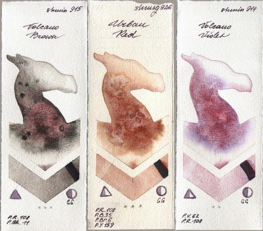 Shminke Horadam Aquarell 915 Volcano Brown vs 926 Urban Red vs 914 Volcano Violet watercolor swatch