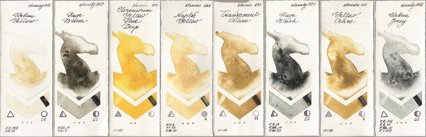 Shminke Horadam Aquarell 916 Urban Yellow, 969 Haze Brown, 213 Chrome Yellow Deep LF (Chromium Yellow Hue Deep), 229 Naples Yellow, 657 Transparent Ochre, 970 Haze Black, 655 Yellow Ochre, 956 Urban Gr watercolor swatch