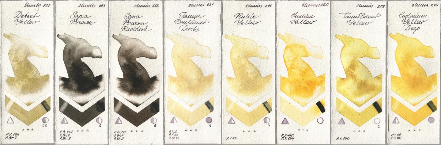 Shminke Horadam Aquarell 921 Desert Yellow, 663 Sepia Brown, 662 Sepia Brown Reddish, 221 Brilliant Yellow Dark (Jaune Brilliant Dark), 205 Rutile Yellow, 220 Indian Yellow, 209 Translucent Yellow, 226 Cadmium Yellow De watercolor swatch