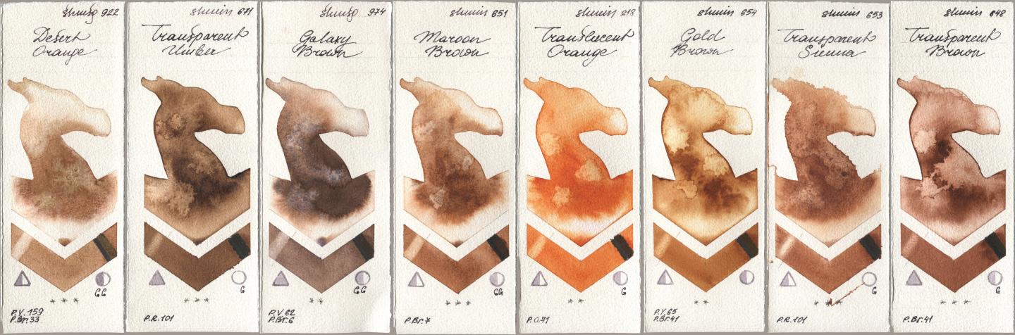 Shminke Horadam Aquarell 922 Desert Orange, 671 Transparent Umber, 974 Galaxy Brown, 651 Maroon Brown, 218 Translucent Orange / Transparent Orange, 654 Gold Brown, 653 Transparent Sienna, 648 Transparent Bro watercolor swatch