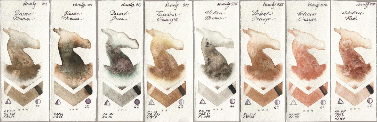 Shminke Horadam Aquarell 923 Desert Brown, 964 Glacier Brown, 924 Desert Green, 981 Tundra Orange, 946 Urban Brown, 922 Desert Orange, 912 Volcano Orange, 926 Urban R watercolor swatch