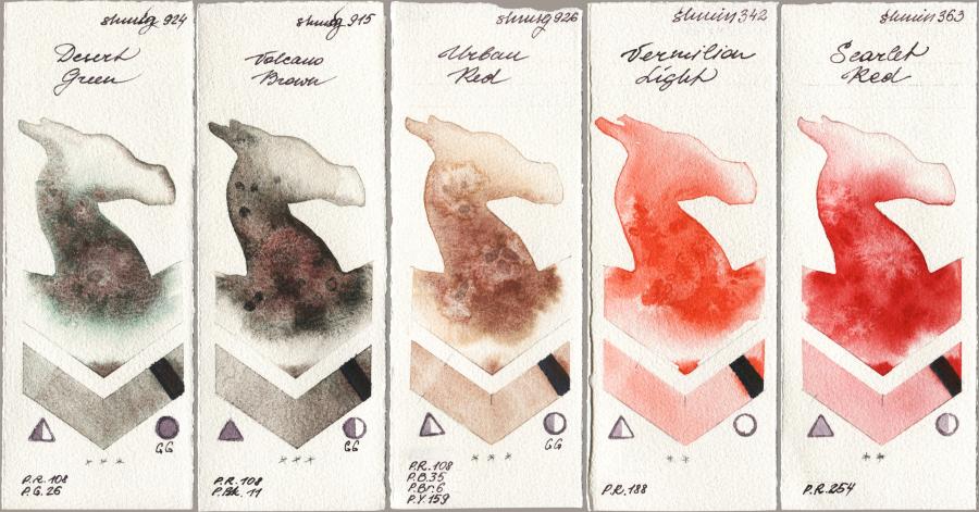Shminke Horadam Aquarell 924 Desert Green vs 915 Volcano Brown vs 926 Urban Red vs 342 Vermilion Light vs 363 Scarlet Red watercolor swatch