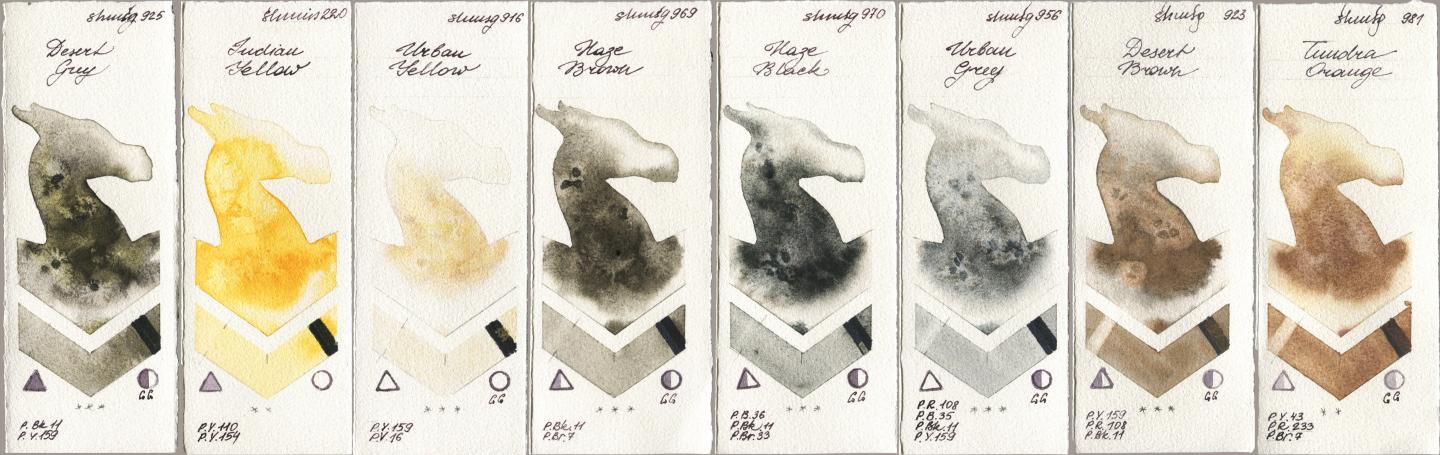 Shminke Horadam Aquarell 925 Desert Grey, 220 Indian Yellow, 916 Urban Yellow, 969 Haze Brown, 970 Haze Black, 956 Urban Grey, 923 Desert Brown, 981 Tundra Oran watercolor swatch