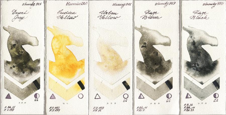 Shminke Horadam Aquarell 925 Desert Grey vs 220 Indian Yellow vs 916 Urban Yellow vs 969 Haze Brown vs 970 Haze Black watercolor swatch