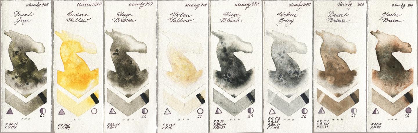 Shminke Horadam Aquarell 925 Desert Grey, 220 Indian Yellow, 969 Haze Brown, 916 Urban Yellow, 970 Haze Black, 956 Urban Grey, 923 Desert Brown, 964 Glacier Bro watercolor swatch