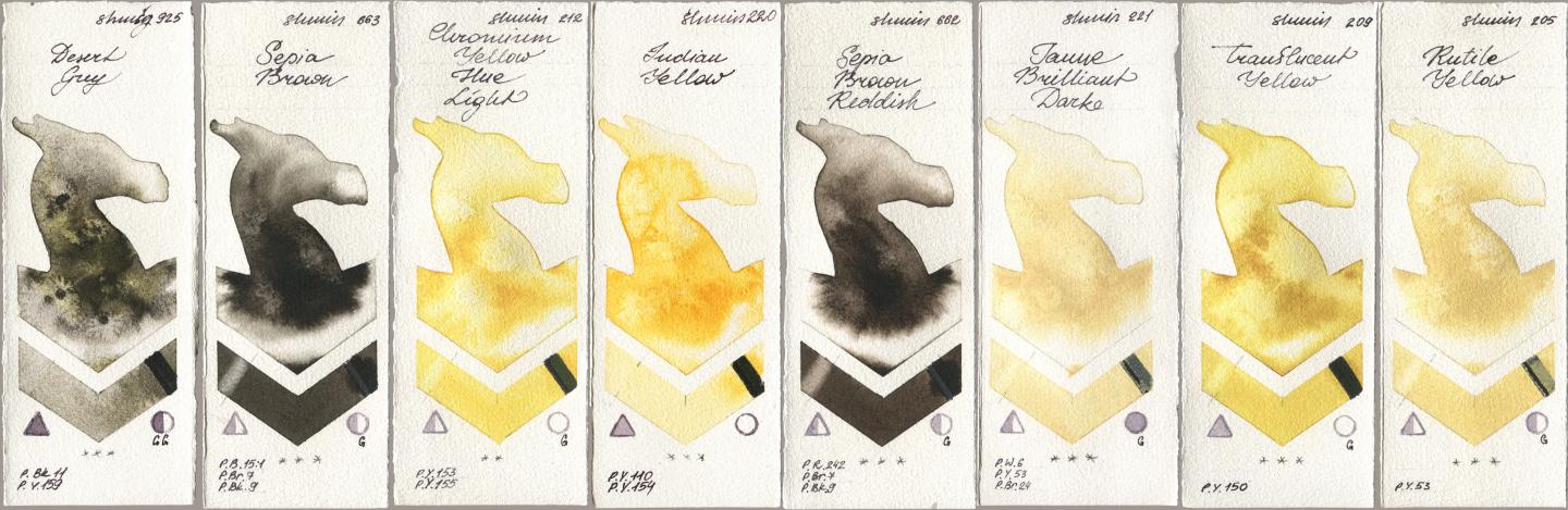 Shminke Horadam Aquarell 925 Desert Grey, 663 Sepia Brown, 212 Chromium Yellow Hue Light, 220 Indian Yellow, 662 Sepia Brown Reddish, 221 Brilliant Yellow Dark (Jaune Brilliant Dark), 209 Translucent Yellow, 205 Rutile Yell watercolor swatch