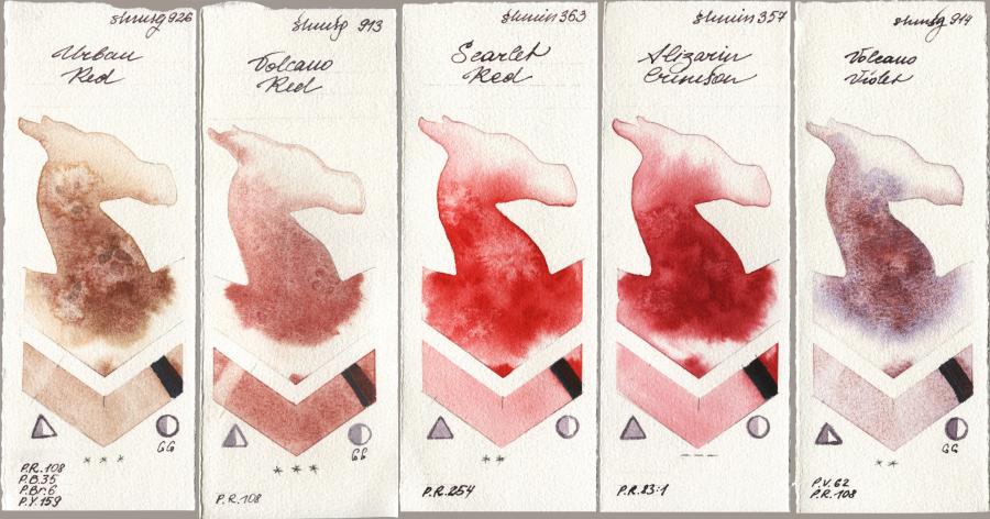 Shminke Horadam Aquarell 926 Urban Red, 913 Volcano Red, 363 Scarlet Red, 357 Alizarin Crimson, 914 Volcano Viol watercolor swatch