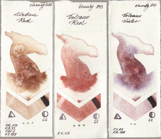 Shminke Horadam Aquarell 926 Urban Red, 913 Volcano Red, 914 Volcano Viol watercolor swatch