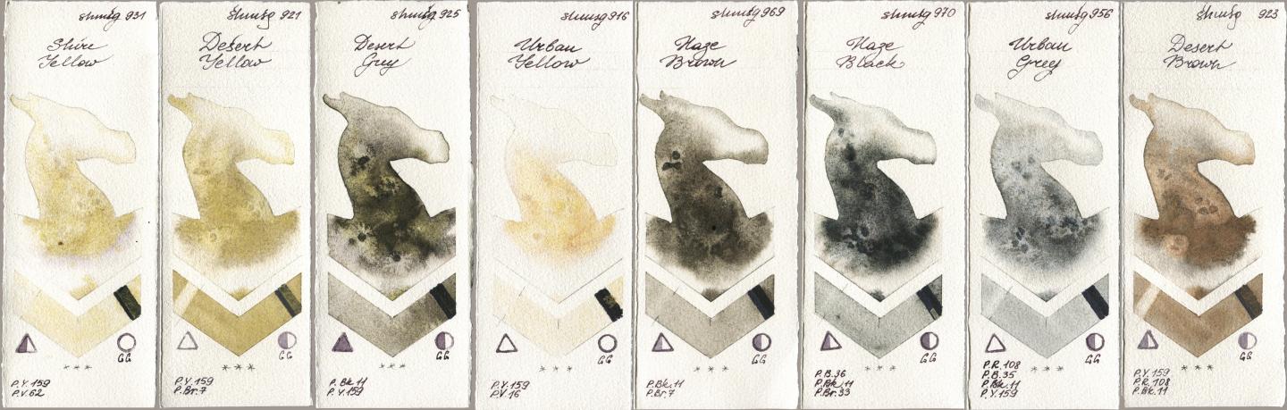 Shminke Horadam Aquarell 931 Shire Yellow, 921 Desert Yellow, 925 Desert Grey, 916 Urban Yellow, 969 Haze Brown, 970 Haze Black, 956 Urban Grey, 923 Desert Bro watercolor swatch