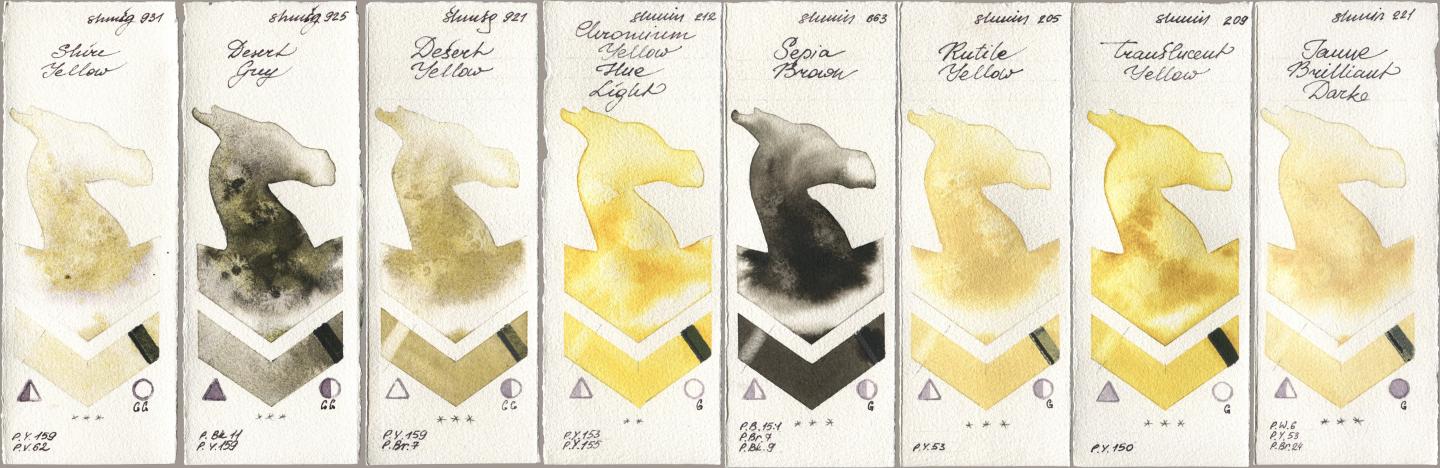 Shminke Horadam Aquarell 931 Shire Yellow, 925 Desert Grey, 921 Desert Yellow, 212 Chromium Yellow Hue Light, 663 Sepia Brown, 205 Rutile Yellow, 209 Translucent Yellow, 221 Brilliant Yellow Dark (Jaune Brilliant Dar watercolor swatch