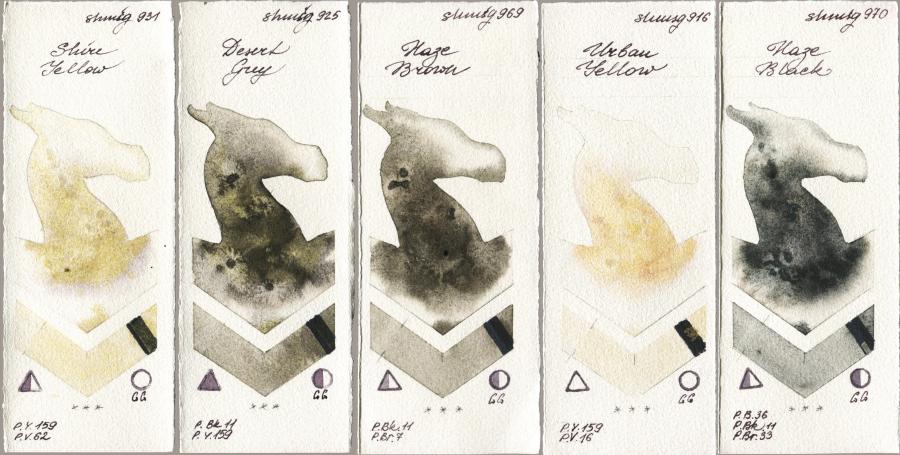 Shminke Horadam Aquarell 931 Shire Yellow vs 925 Desert Grey vs 969 Haze Brown vs 916 Urban Yellow vs 970 Haze Black watercolor swatch