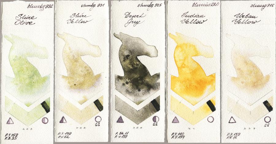 Shminke Horadam Aquarell 932 Shire Olive vs 931 Shire Yellow vs 925 Desert Grey vs 220 Indian Yellow vs 916 Urban Yellow watercolor swatch