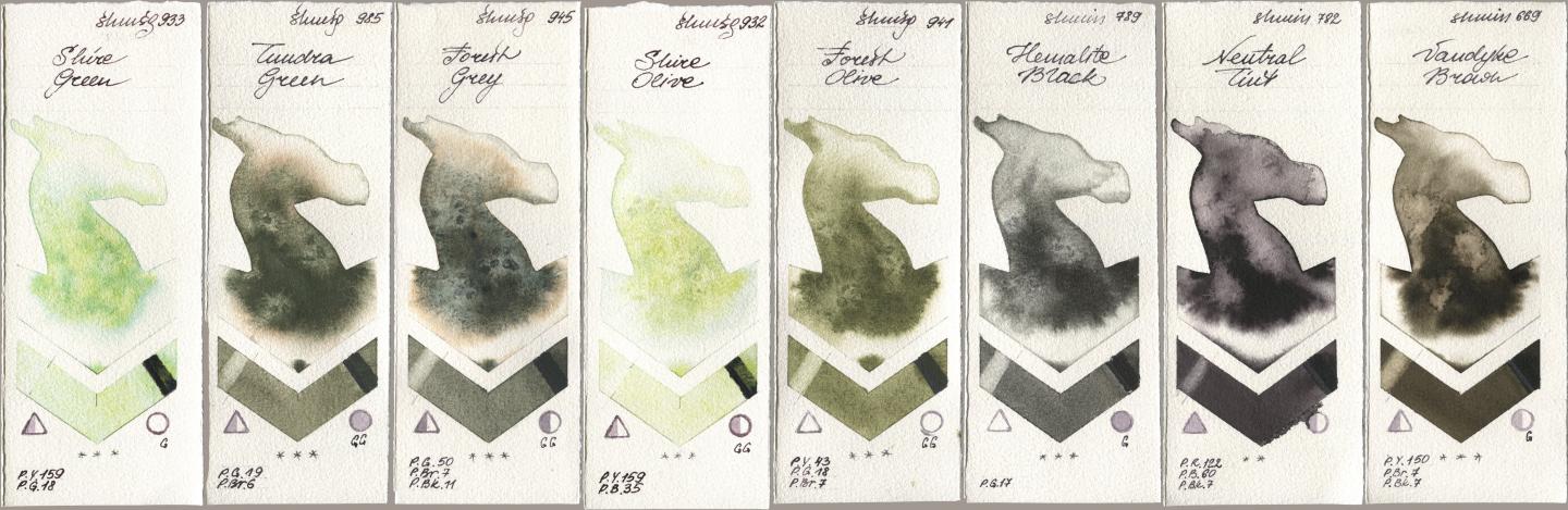 Shminke Horadam Aquarell 933 Shire Green, 985 Tundra Green, 945 Forest Grey, 932 Shire Olive, 941 Forest Olive, 789 Hematite Black, 782 Neutral Tint, 669 Vandyke Bro watercolor swatch