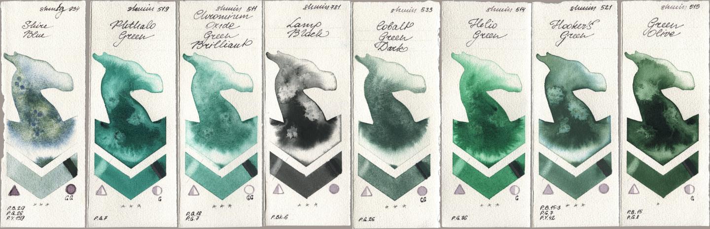 Shminke Horadam Aquarell 934 Shire Blue, 519 Phthalo Green, 511 Chromium Oxide Green Brilliant, 781 Lamp Black, 533 Cobalt Green Dark, 514 Helio Green, 521 Hookers Green, 515 Green Oli watercolor swatch