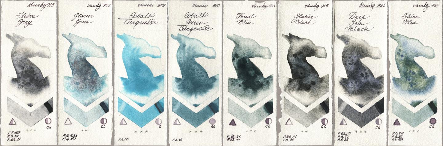 Shminke Horadam Aquarell 935 Shire Grey, 963 Glacier Green, 509 Cobalt Turquoise, 510 Cobalt Green Turquoise, 943 Forest Blue, 965 Glacier Black, 955 Deep Sea Black, 934 Shire Bl watercolor swatch
