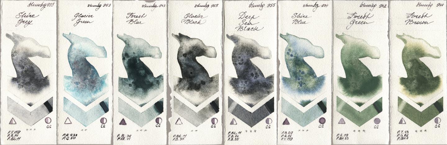 Shminke Horadam Aquarell 935 Shire Grey, 963 Glacier Green, 943 Forest Blue, 965 Glacier Black, 955 Deep Sea Black, 934 Shire Blue, 942 Forest Green, 944 Forest Bro watercolor swatch