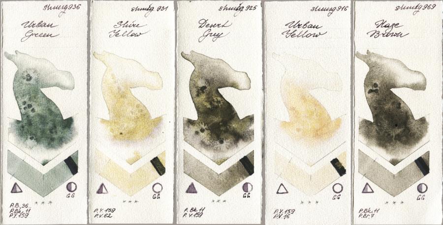 Shminke Horadam Aquarell 936 Urban Green vs 931 Shire Yellow vs 925 Desert Grey vs 916 Urban Yellow vs 969 Haze Brown watercolor swatch