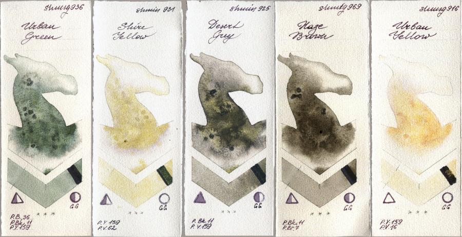 Shminke Horadam Aquarell 936 Urban Green vs 931 Shire Yellow vs 925 Desert Grey vs 969 Haze Brown vs 916 Urban Yellow watercolor swatch