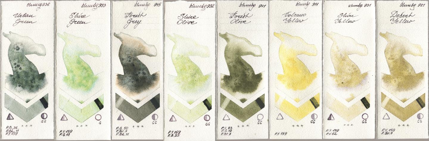 Shminke Horadam Aquarell 936 Urban Green, 933 Shire Green, 945 Forest Grey, 932 Shire Olive, 941 Forest Olive, 911 Volcano Yellow, 931 Shire Yellow, 921 Desert Yell watercolor swatch