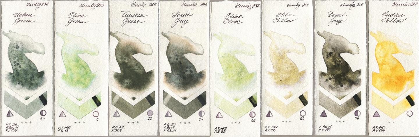 Shminke Horadam Aquarell 936 Urban Green, 933 Shire Green, 985 Tundra Green, 945 Forest Grey, 932 Shire Olive, 931 Shire Yellow, 925 Desert Grey, 220 Indian Yell watercolor swatch
