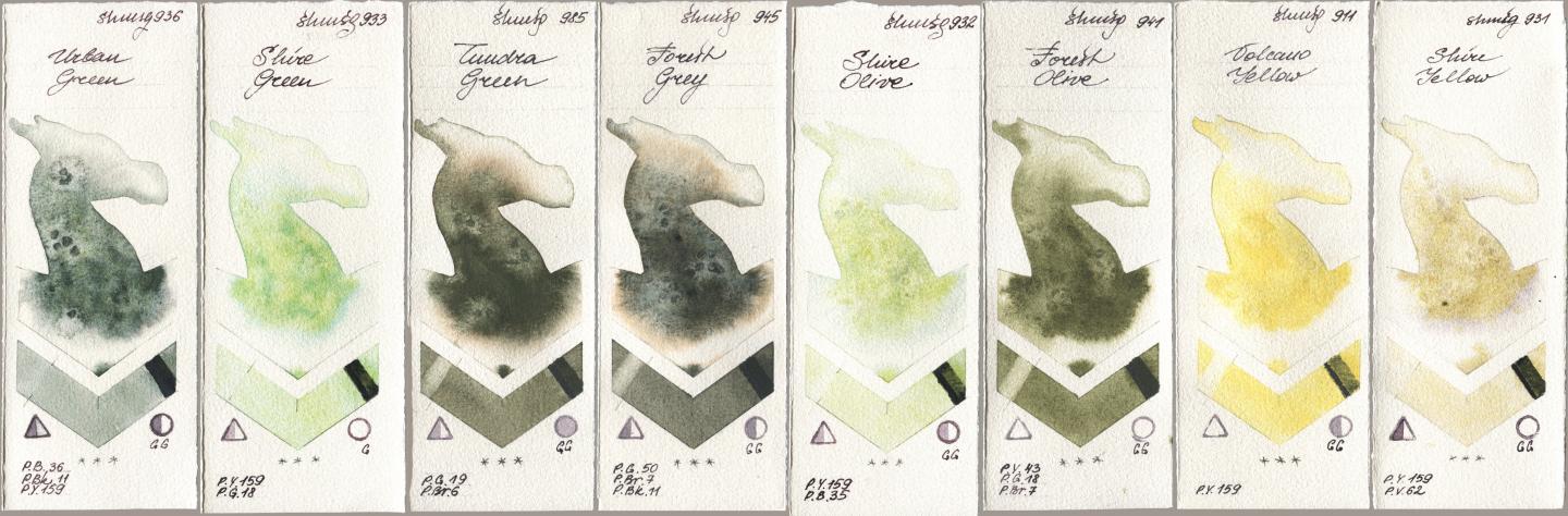Shminke Horadam Aquarell 936 Urban Green, 933 Shire Green, 985 Tundra Green, 945 Forest Grey, 932 Shire Olive, 941 Forest Olive, 911 Volcano Yellow, 931 Shire Yell watercolor swatch