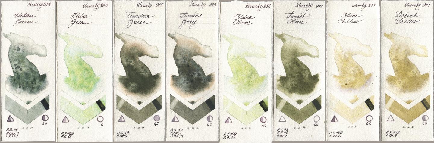 Shminke Horadam Aquarell 936 Urban Green, 933 Shire Green, 985 Tundra Green, 945 Forest Grey, 932 Shire Olive, 941 Forest Olive, 931 Shire Yellow, 921 Desert Yell watercolor swatch