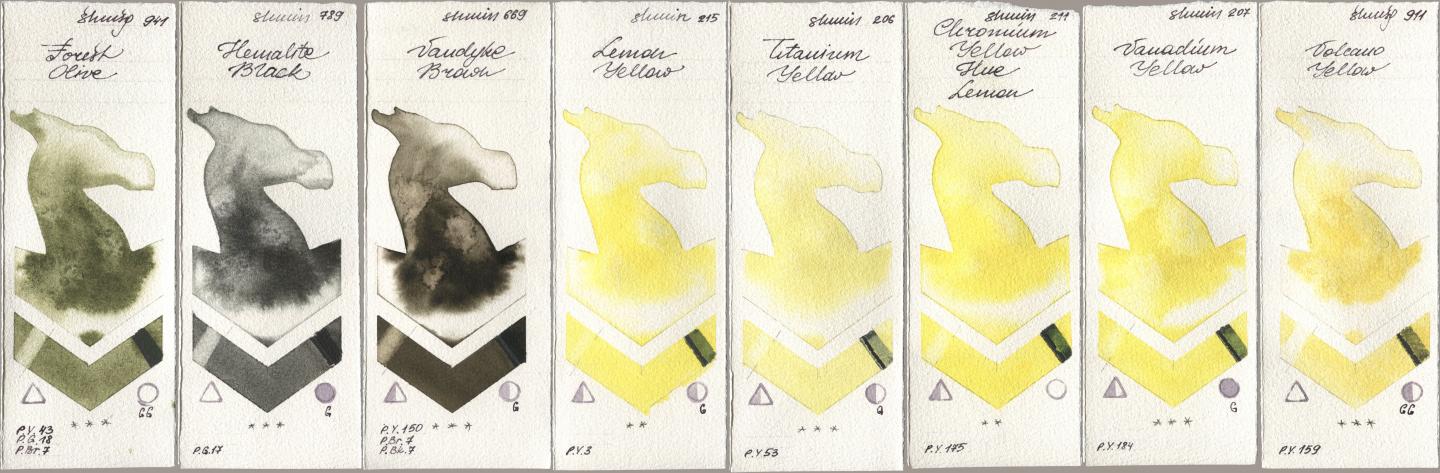 Shminke Horadam Aquarell 941 Forest Olive, 789 Hematite Black, 669 Vandyke Brown, 215 Lemon Yellow, 206 Titanium Yellow, 211 Chromium Yellow Hue Lemon, 207 Vanadium Yellow, 911 Volcano Yell watercolor swatch
