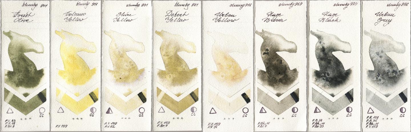 Shminke Horadam Aquarell 941 Forest Olive, 911 Volcano Yellow, 931 Shire Yellow, 921 Desert Yellow, 916 Urban Yellow, 969 Haze Brown, 970 Haze Black, 956 Urban Gr watercolor swatch